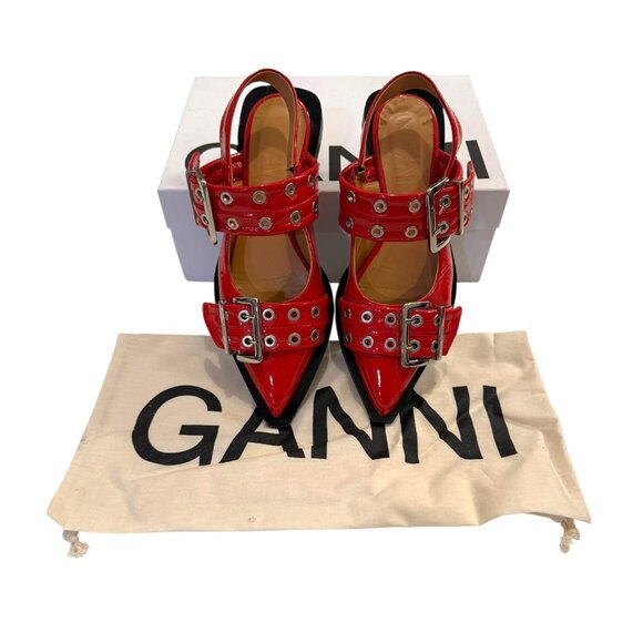NIB GANNI Red Feminine Buckle Ballerinas, Size 8